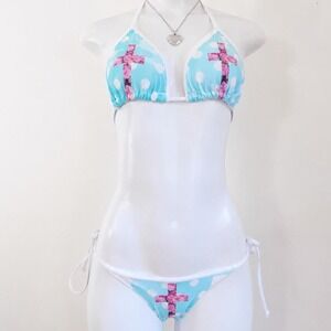 floral cross polka dot bikini set y2k coquette mcbling saint pink by charlotte